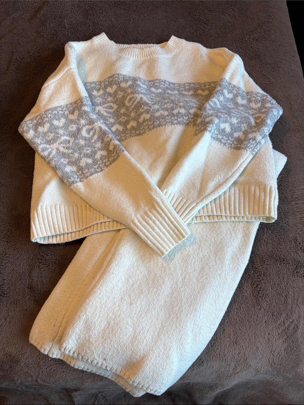 Cozy White Sweater with Gray Fair Isle Band & Long Pants